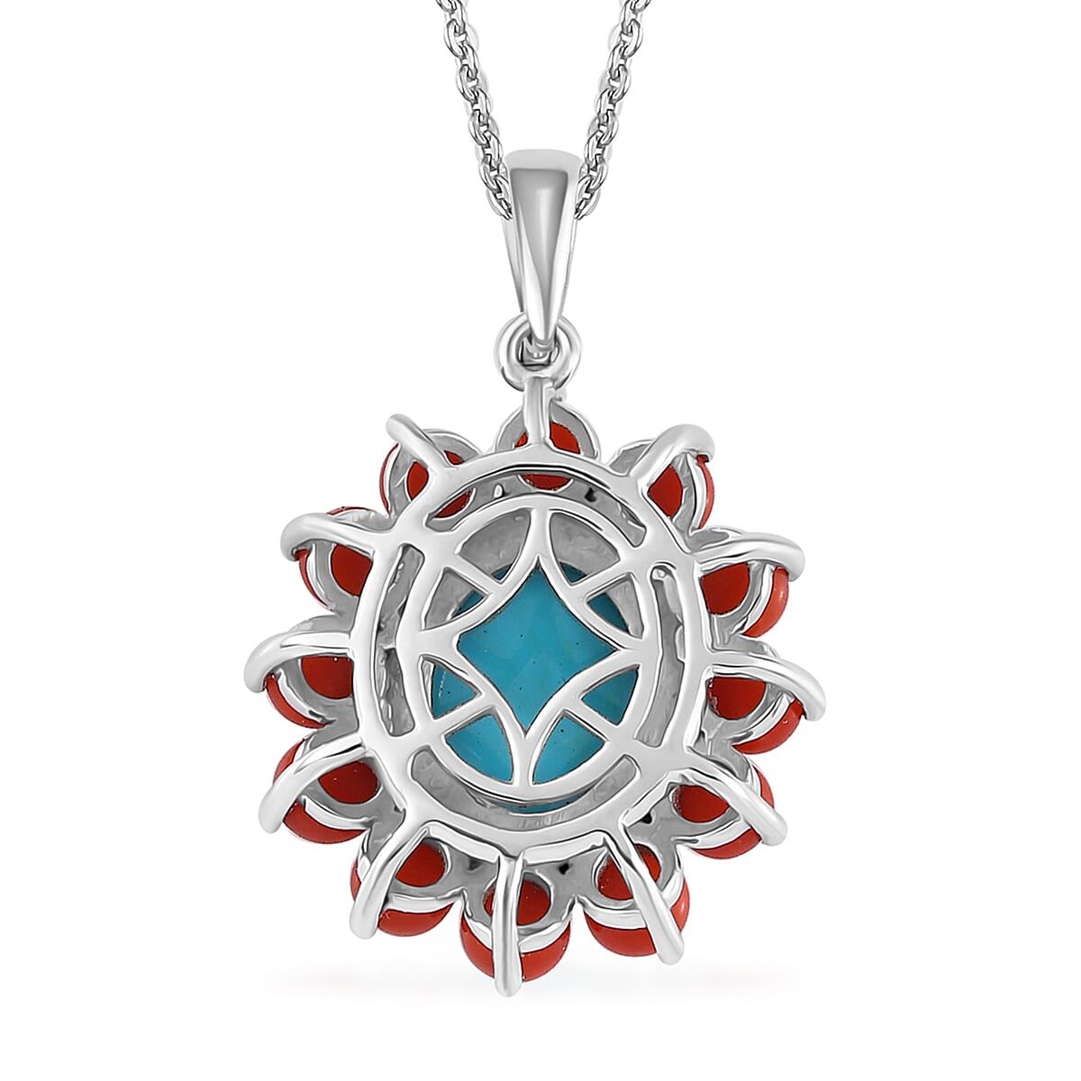 Tucson Special - Arizona Sleeping Beauty Turquoise &amp; Coral Pendant with Chain (Size 20) in Platinum Overlay Sterling Silver 4.48 Ct. 4248344 4