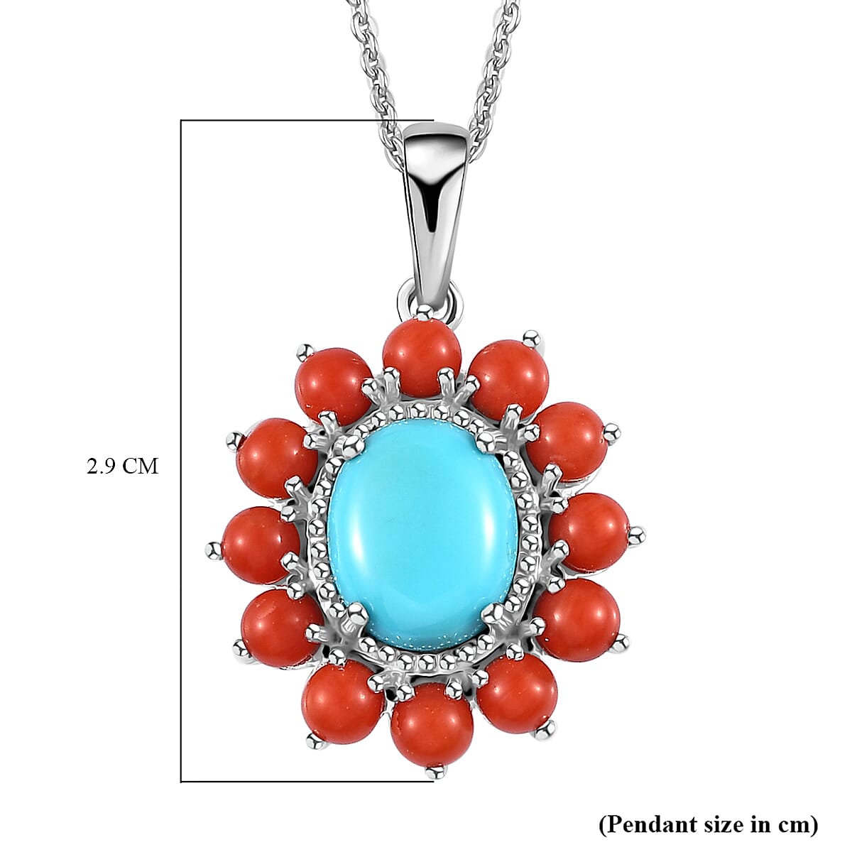 Tucson Special - Arizona Sleeping Beauty Turquoise &amp; Coral Pendant with Chain (Size 20) in Platinum Overlay Sterling Silver 4.48 Ct. 4248344 6