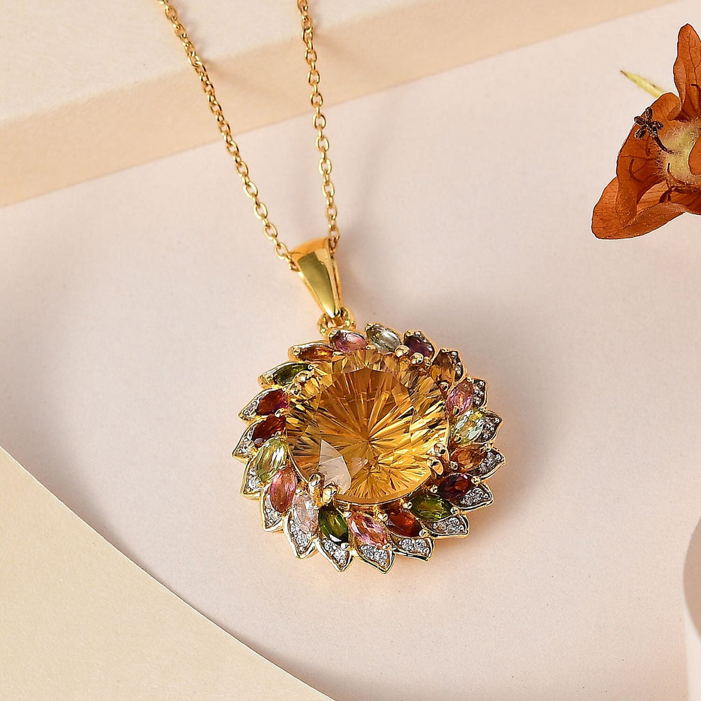 TJC EXCLUSIVE HANABI CUT  - Citrine & Multi Tourmaline Pendant with Chain (Size 20) in 18K Gold Vermeil Sterling Silver 11.20 Ct.
