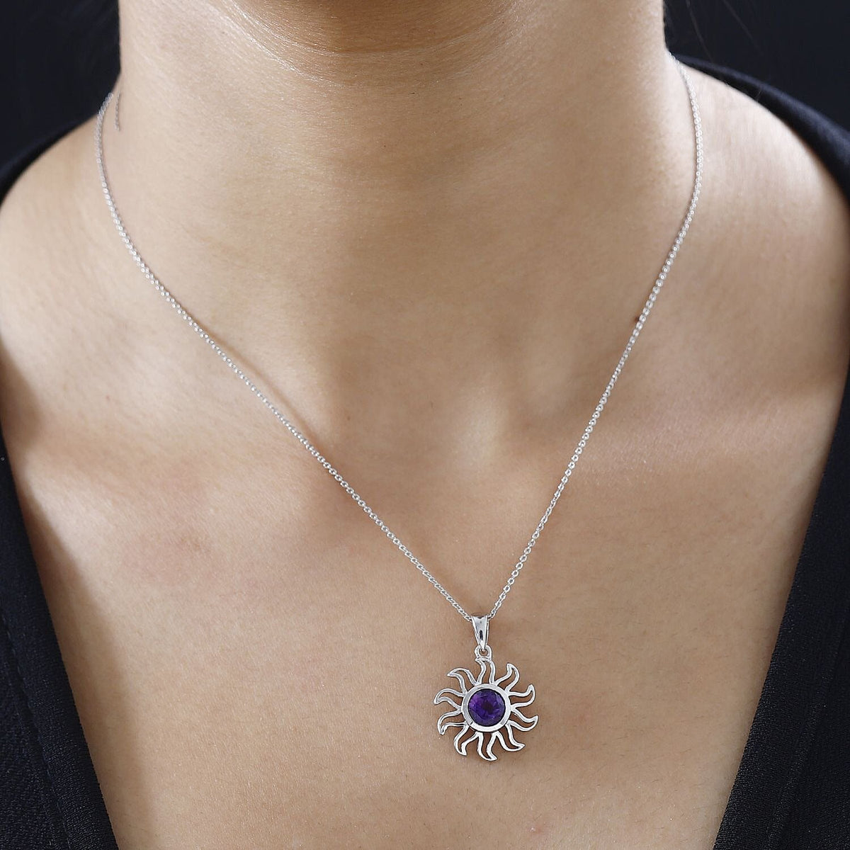 Moroccan Amethyst Solitaire Sun Pendant with Chain (Size 20) in Platinum Overlay Sterling Silver 1.25 Ct. 4260979 1