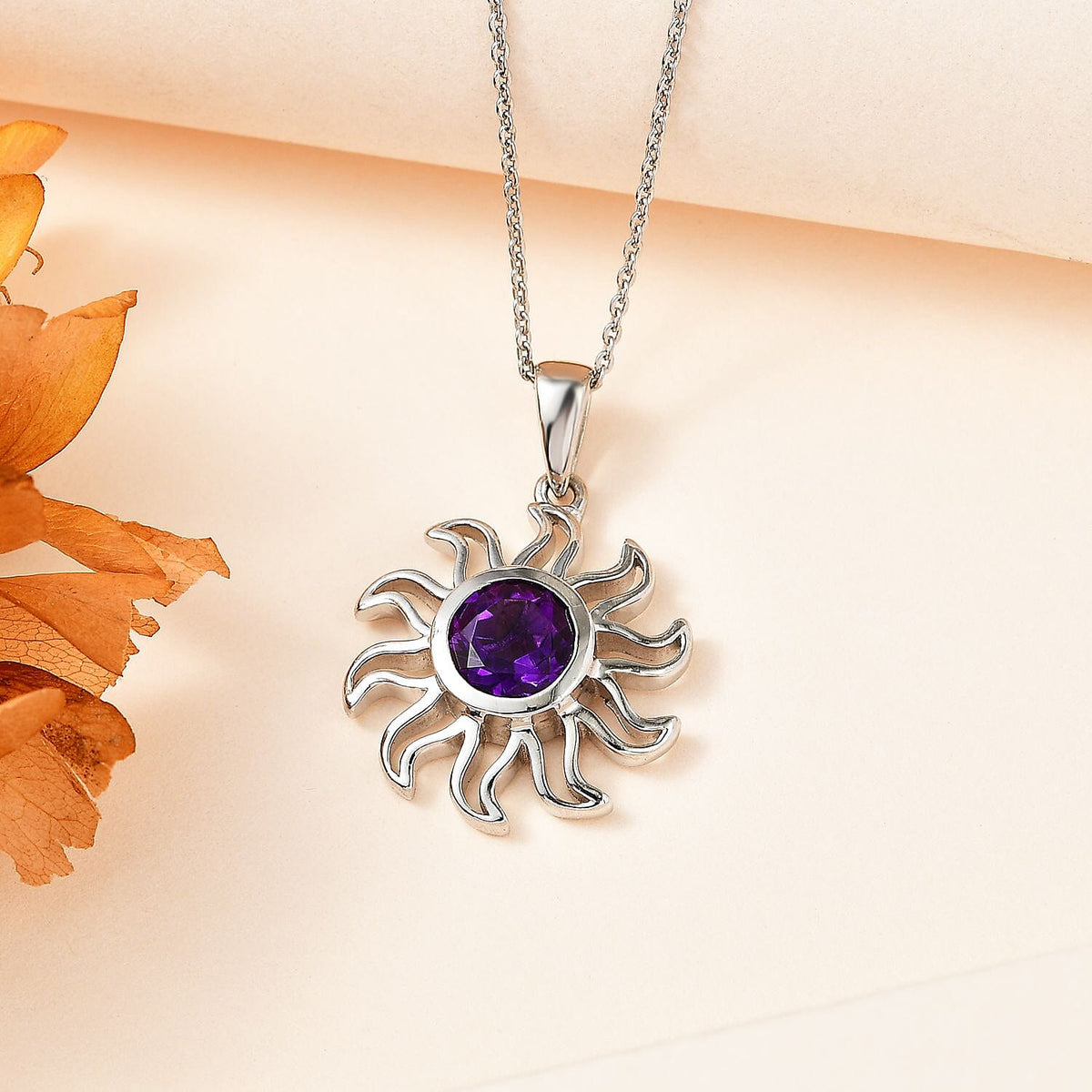 Moroccan Amethyst Solitaire Sun Pendant with Chain (Size 20) in Platinum Overlay Sterling Silver 1.25 Ct. 4260979 2