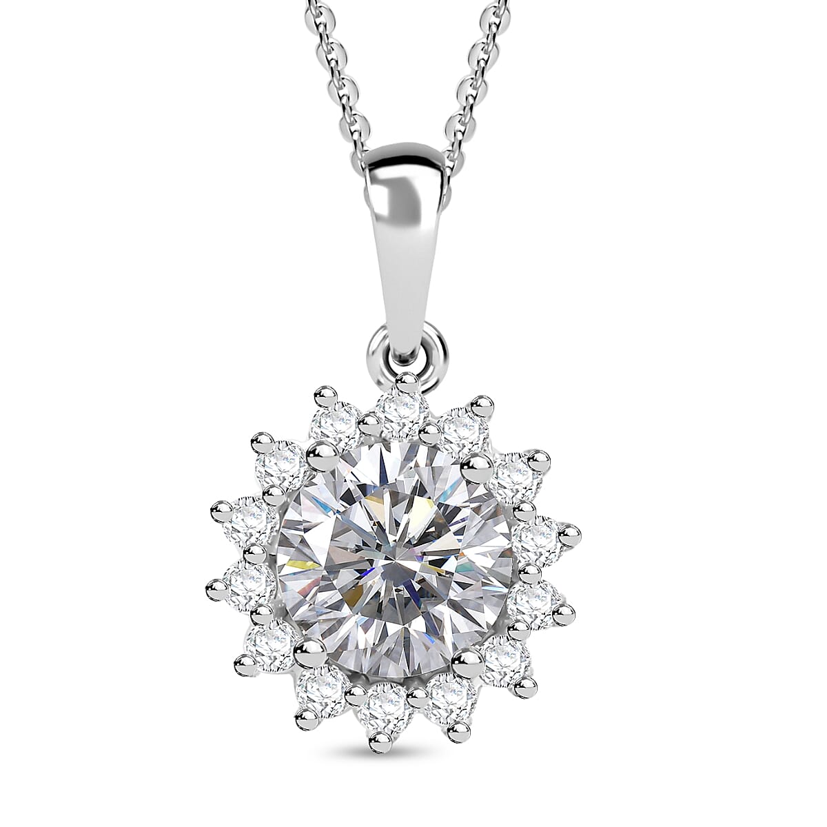 J Francis - SWAROVSKI ZIRCONIA Sunburst Halo Pendant with Chain (Size 20) in Rhodium Plated Sterling Silver 4.02 ct. 4300982 0