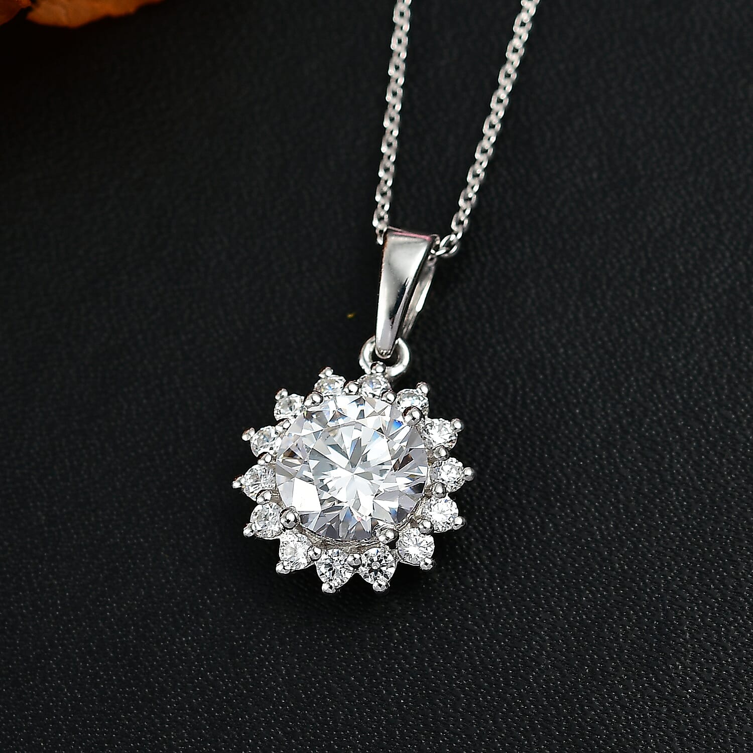 J Francis - SWAROVSKI ZIRCONIA Sunburst Halo Pendant with Chain (Size 20) in Rhodium Plated Sterling Silver 4.02 ct. 4300982 2