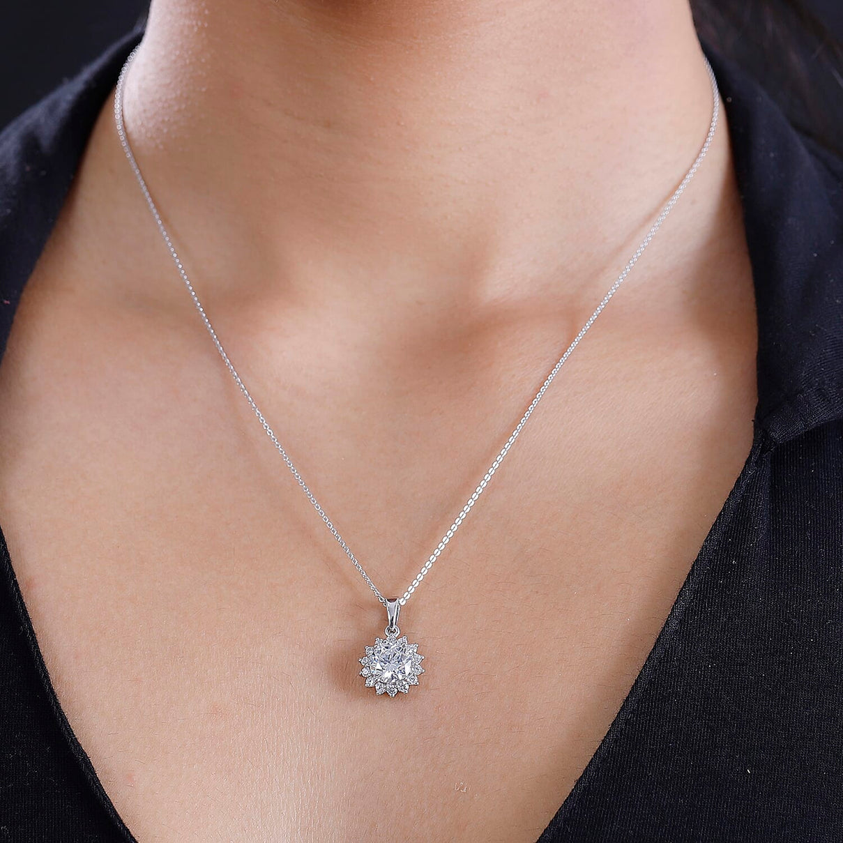 J Francis - SWAROVSKI ZIRCONIA Sunburst Halo Pendant with Chain (Size 20) in Rhodium Plated Sterling Silver 4.02 ct. 4300982 3