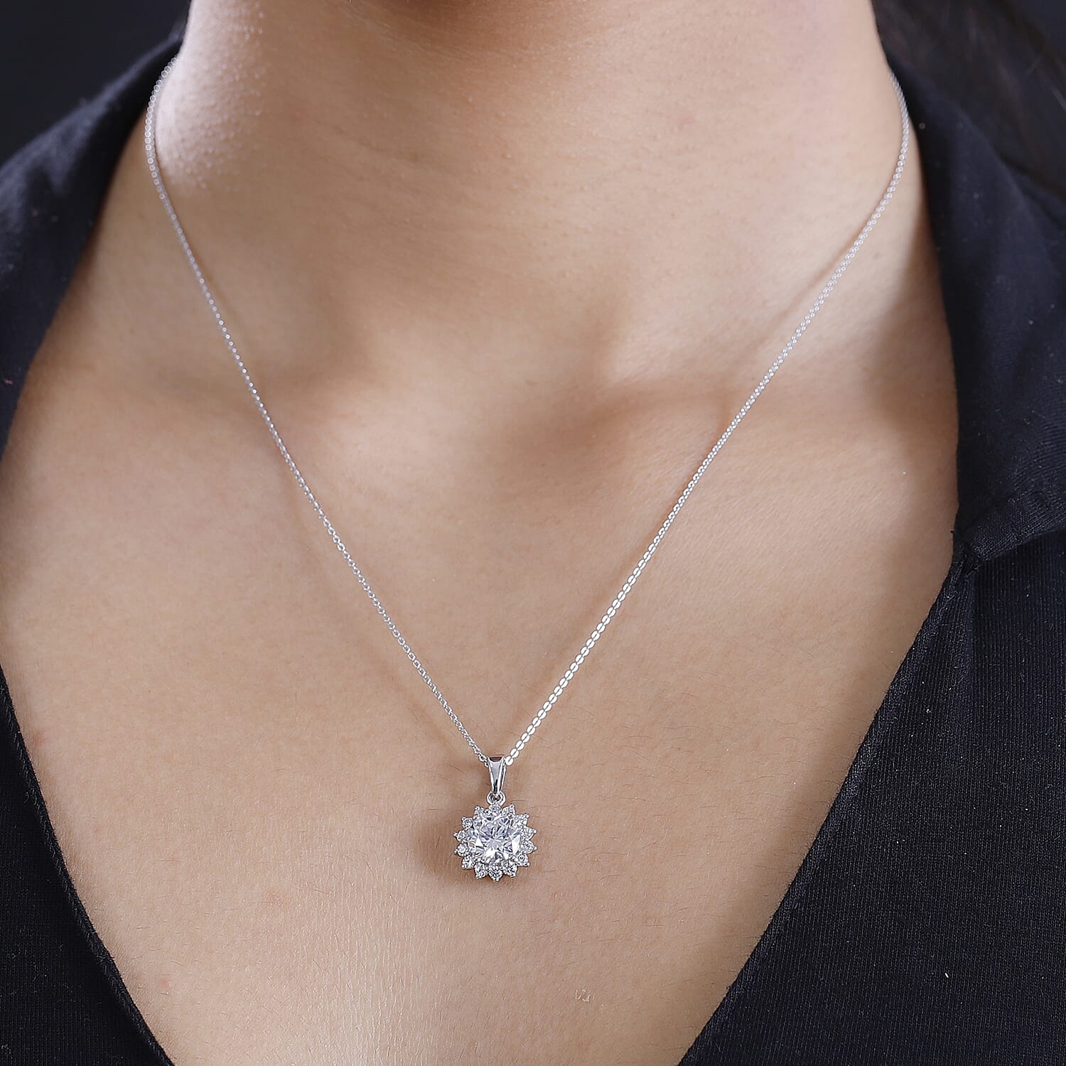J Francis - SWAROVSKI ZIRCONIA Sunburst Halo Pendant with Chain (Size 20) in Rhodium Plated Sterling Silver 4.02 ct. 4300982 3