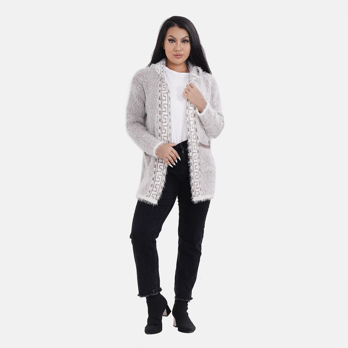 Greek Key Pattern Winter Hoodie Coatigan (One Size Upto 22) - Brown 7487570 0