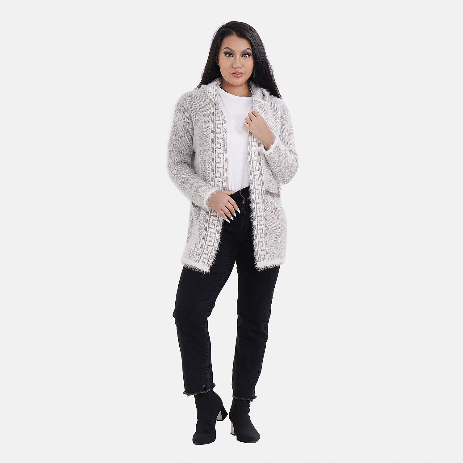 Greek Key Pattern Winter Hoodie Coatigan (One Size Upto 22) - Brown 7487570 0