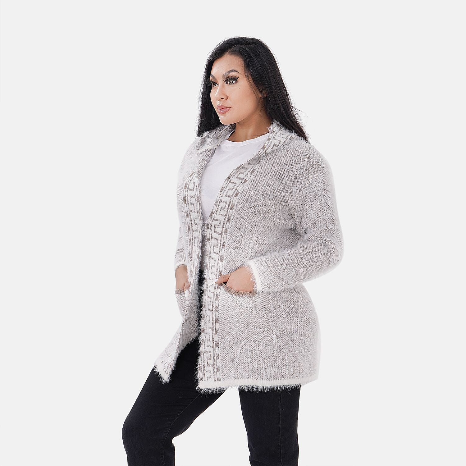 Greek Key Pattern Winter Hoodie Coatigan (One Size Upto 22) - Brown 7487570 3