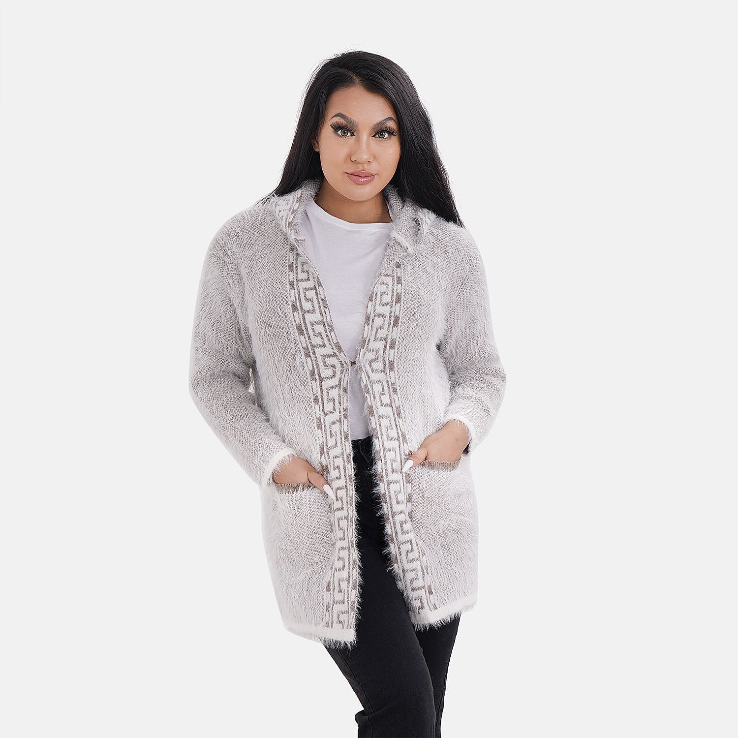 Greek Key Pattern Winter Hoodie Coatigan (One Size Upto 22) - Brown 7487570 5