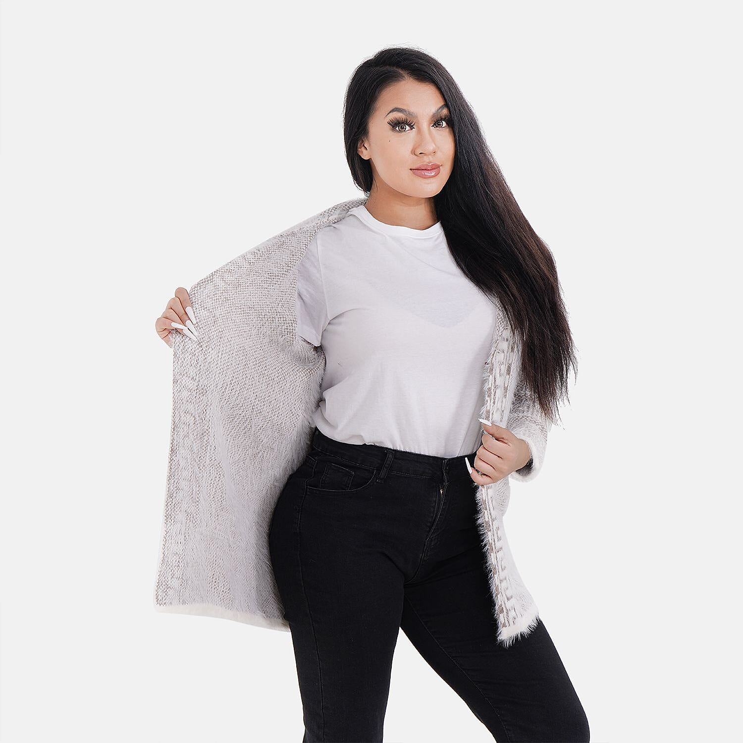 Greek Key Pattern Winter Hoodie Coatigan (One Size Upto 22) - Brown 7487570 6