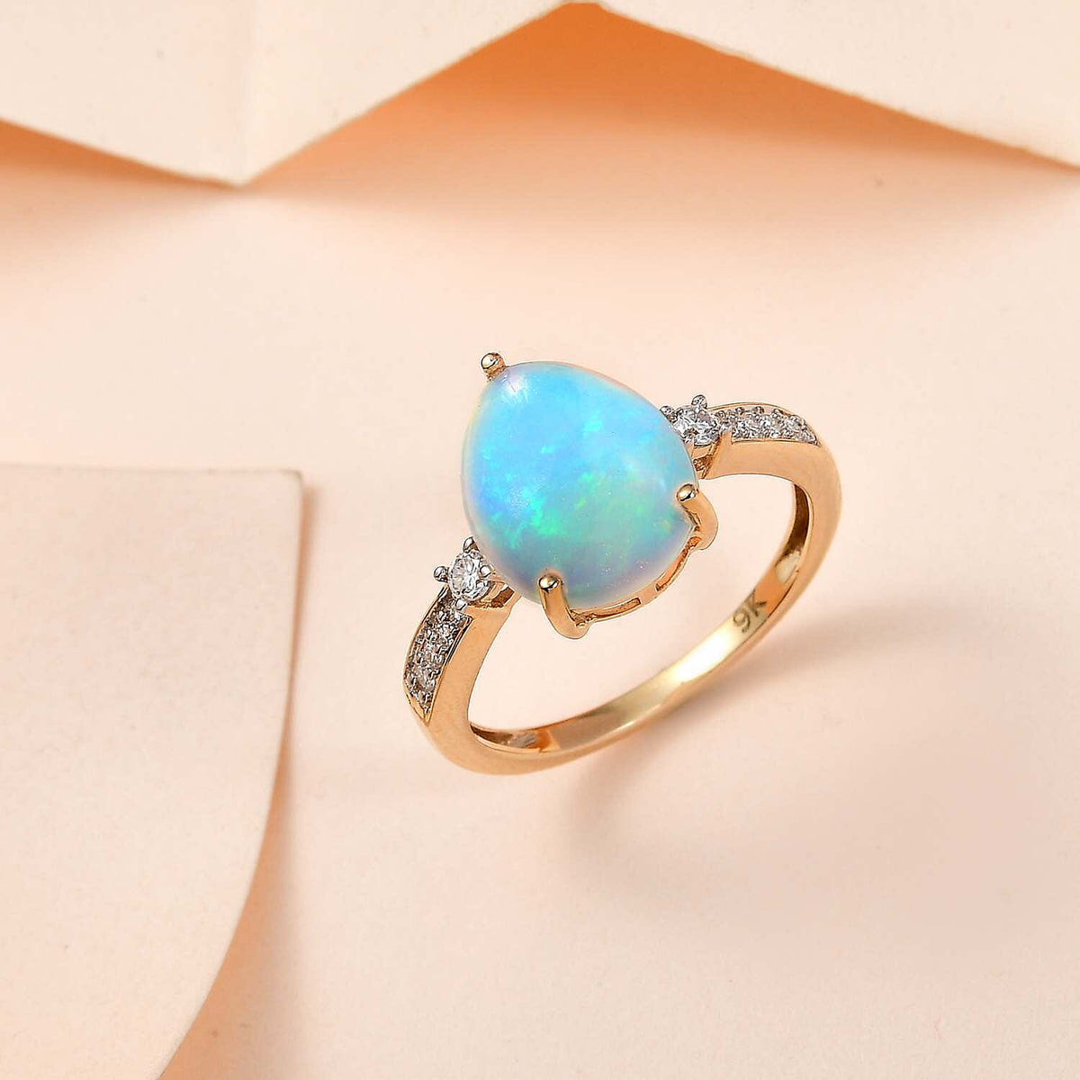 Ethiopian Welo Opal and Moissanite Ring in 9K Yellow Gold 7545914 1