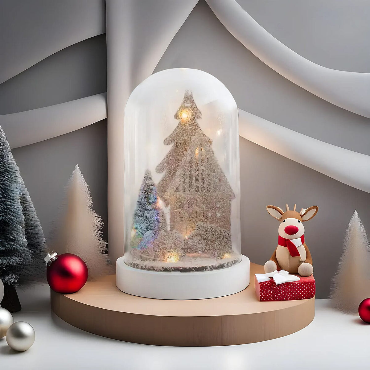 Snowy House and Tree Scene Light Up Dome - White 7551771 1