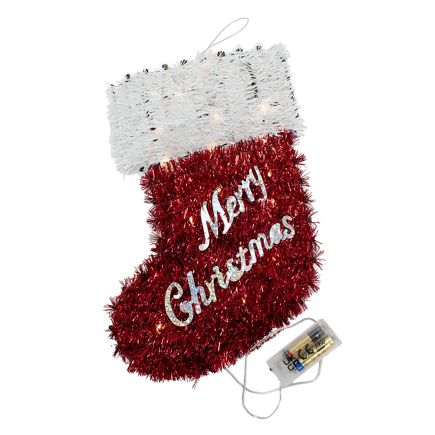 Light Up Tinsel Christmas Stocking (Battery Operated) - Red - White 7551974 0