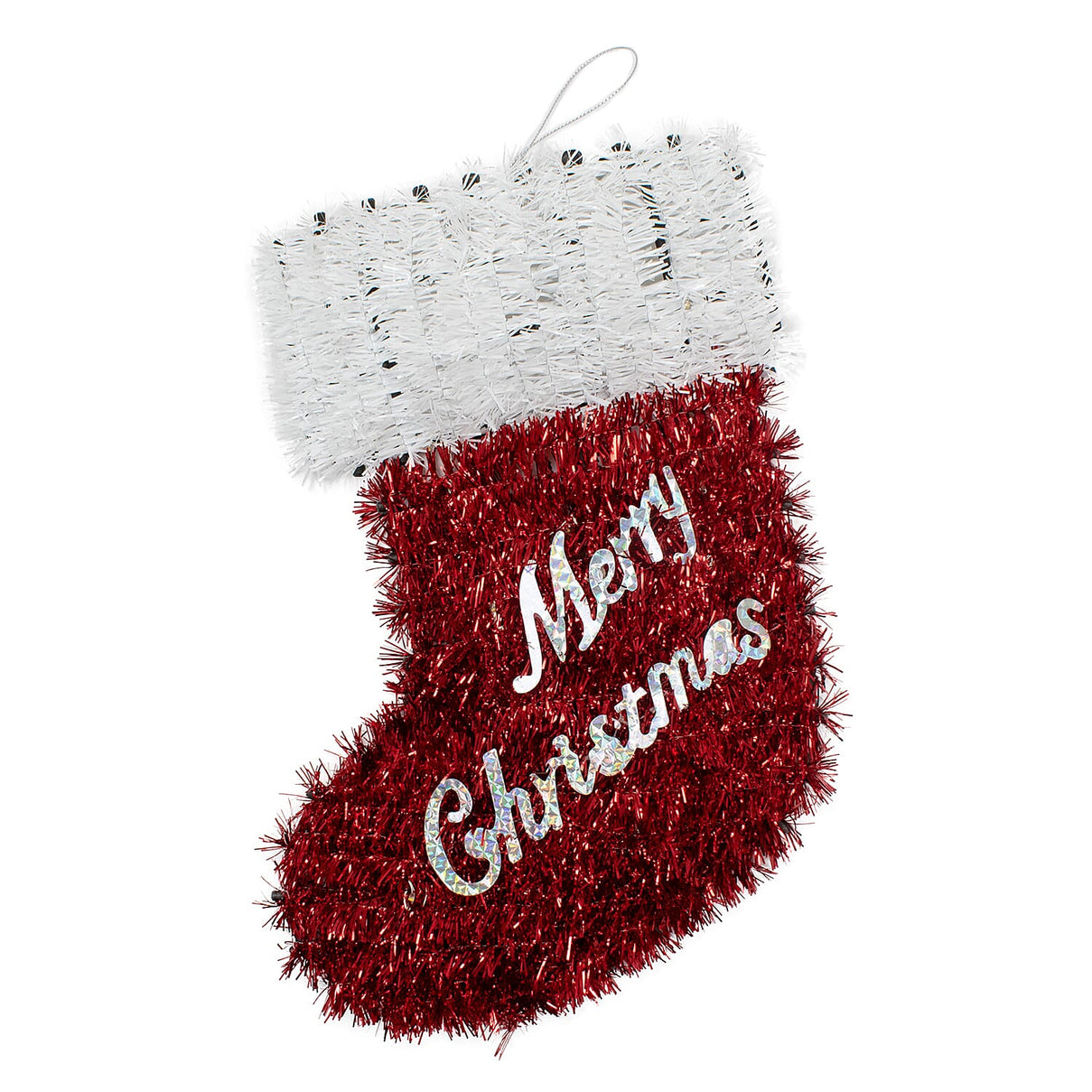 Light Up Tinsel Christmas Stocking (Battery Operated) - Red - White 7551974 1