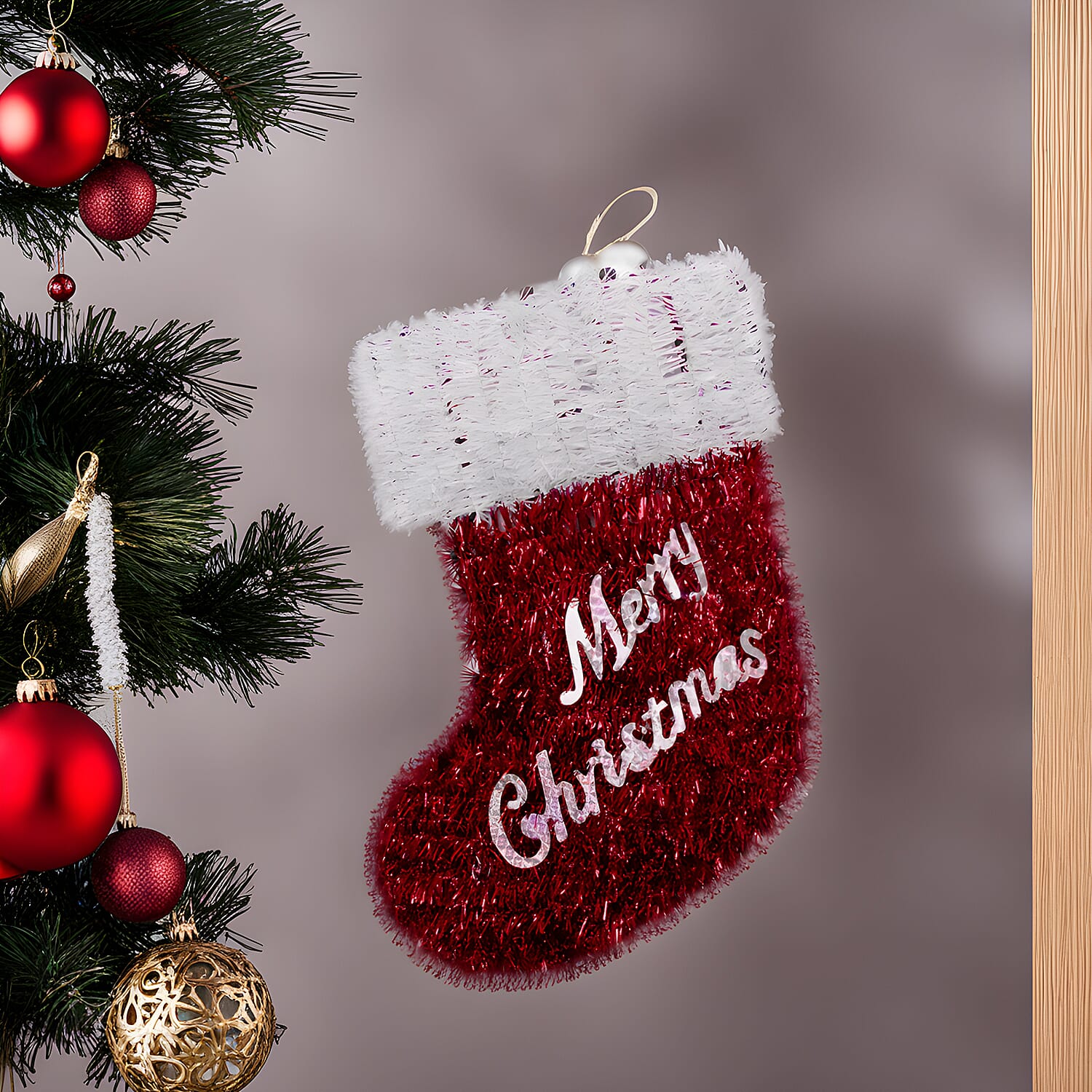 Light Up Tinsel Christmas Stocking (Battery Operated) - Red - White 7551974 2
