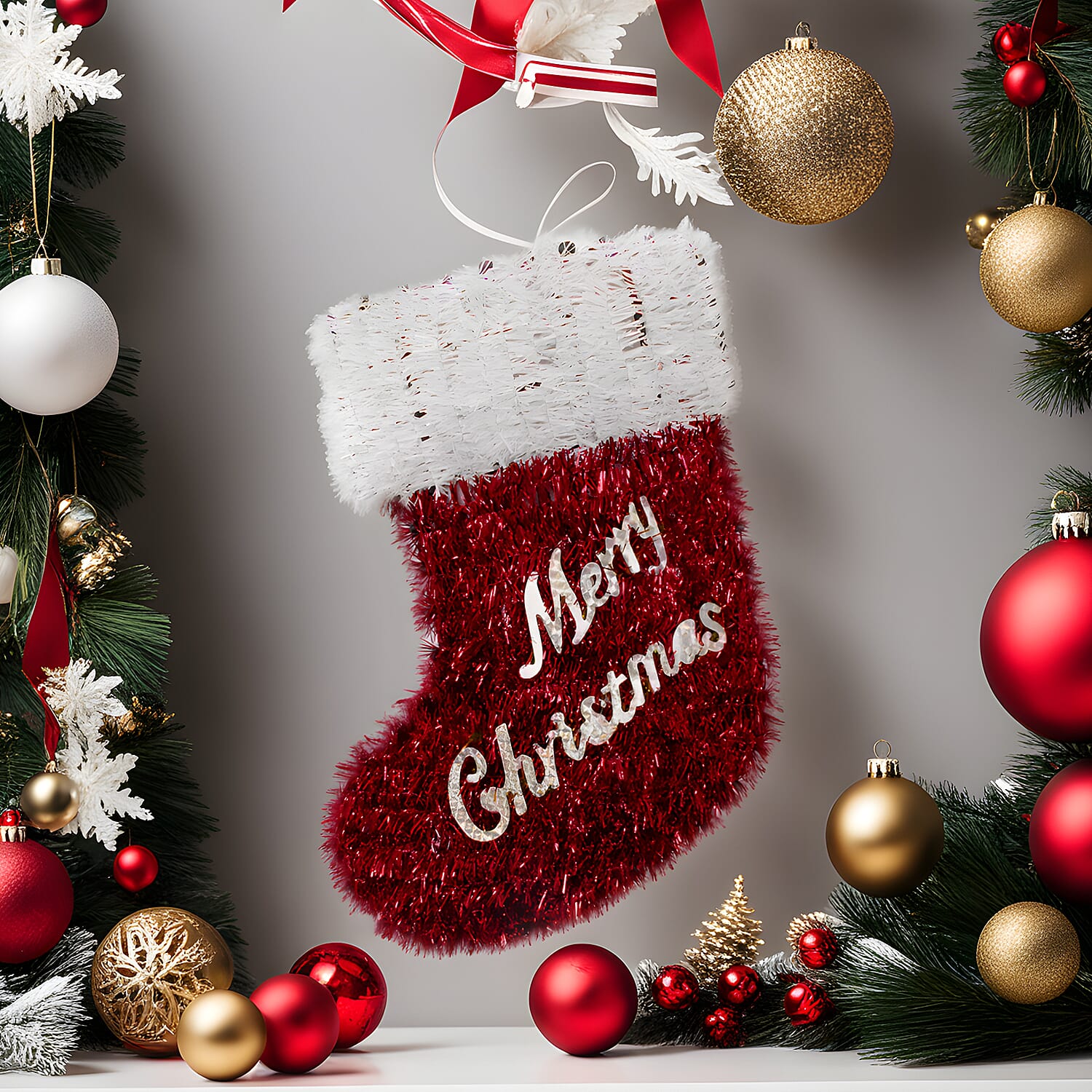 Light Up Tinsel Christmas Stocking (Battery Operated) - Red - White 7551974 3
