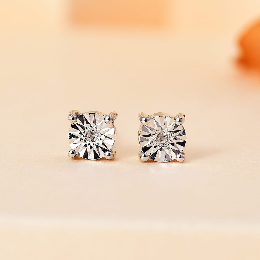 No Brand  White Diamond  Solitaire Stud Push Post Earring in Platinum Overlay Sterling Silver 0.01 ct,  Silver Wt. 11.9 Gms  0.012  Ct.