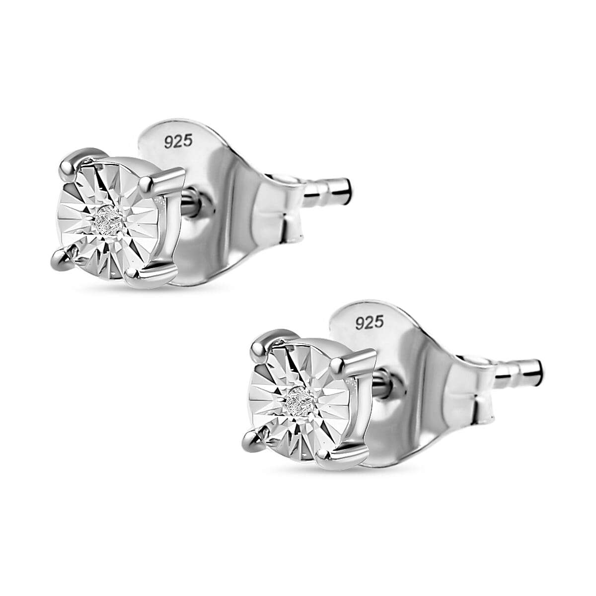 No Brand  White Diamond  Solitaire Stud Push Post Earring in Platinum Overlay Sterling Silver 0.01 ct,  Silver Wt. 11.9 Gms  0.012  Ct. 7556654 4