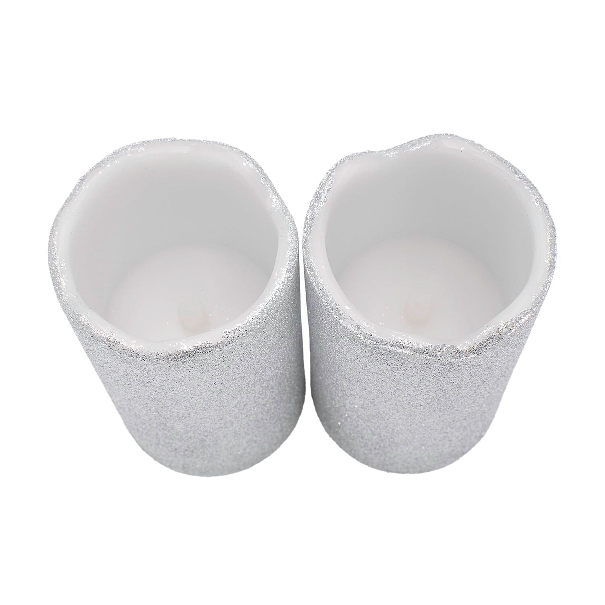 Set of 2 LED Silver Glittered Wax Candles 7559152 1