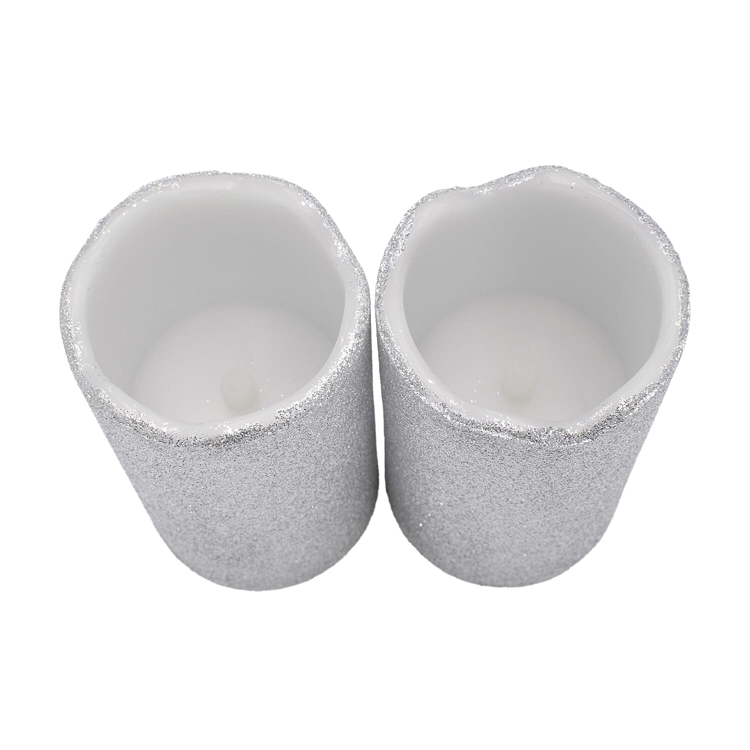 Set of 2 LED Silver Glittered Wax Candles 7559152 1