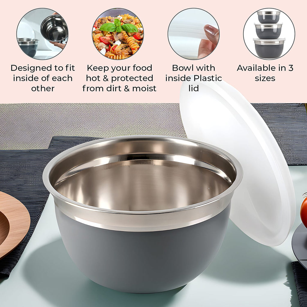 Set of 3 Stainless Steel Bowl with Plastic Lid - Grey