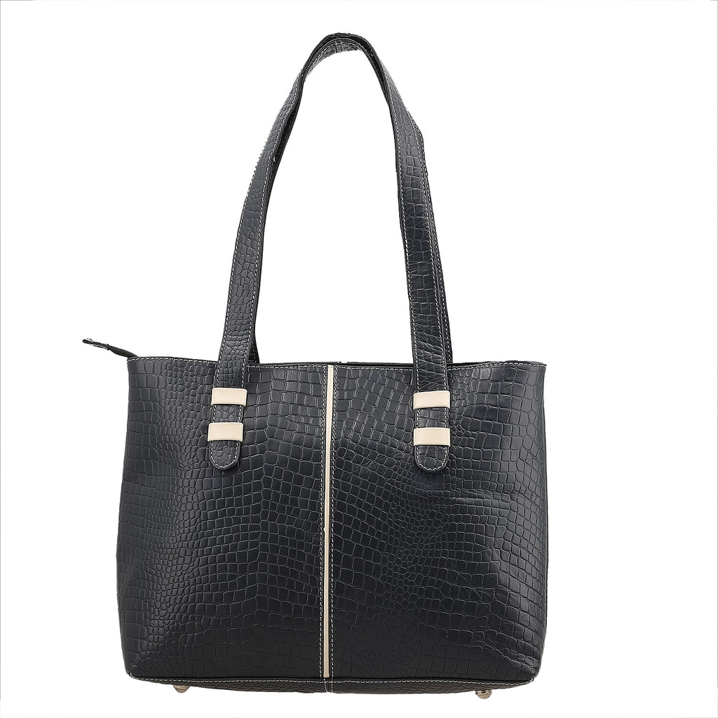 100% Genuine Leather Crocodile Embossed Tote Bag - Navy