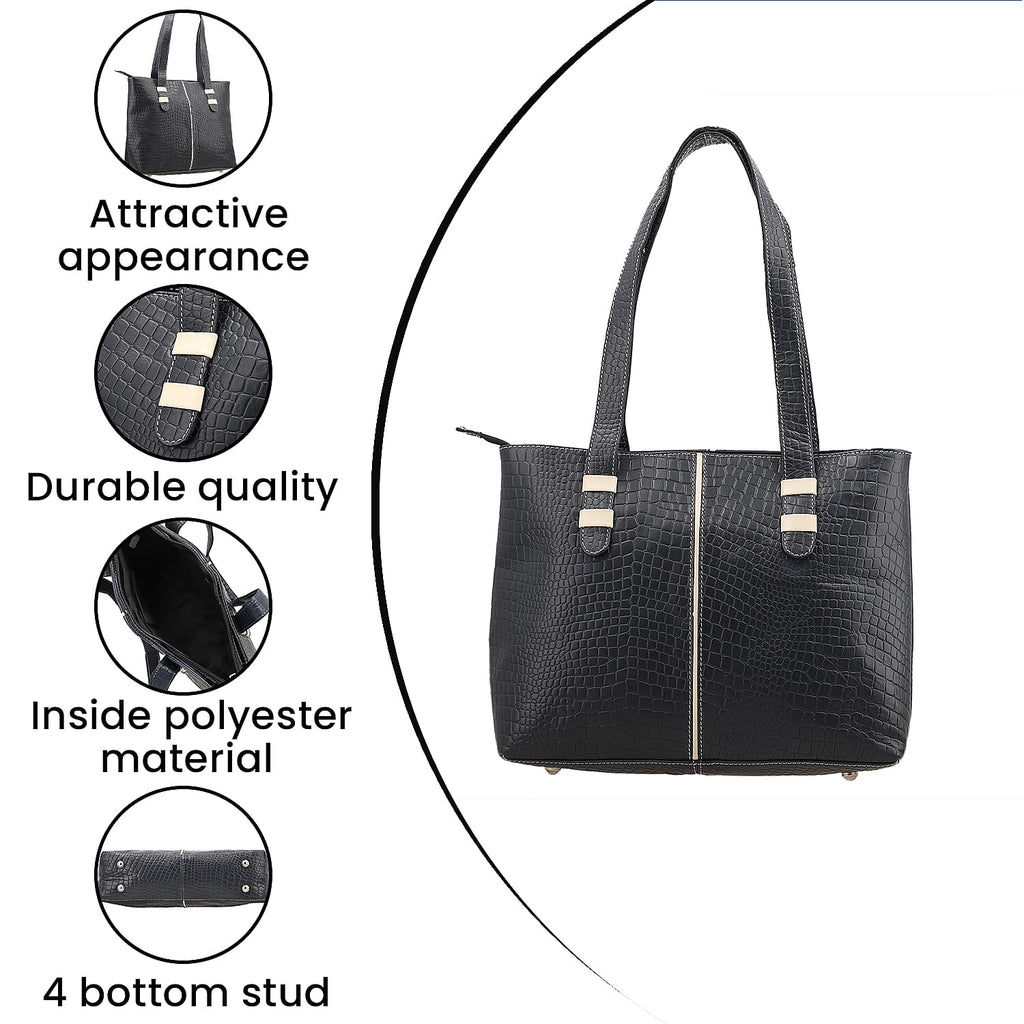 100% Genuine Leather Crocodile Embossed Tote Bag - Navy