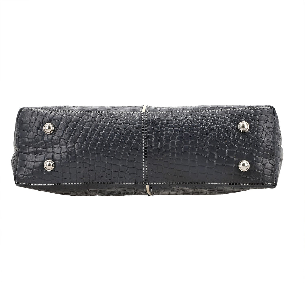 100% Genuine Leather Crocodile Embossed Tote Bag - Navy
