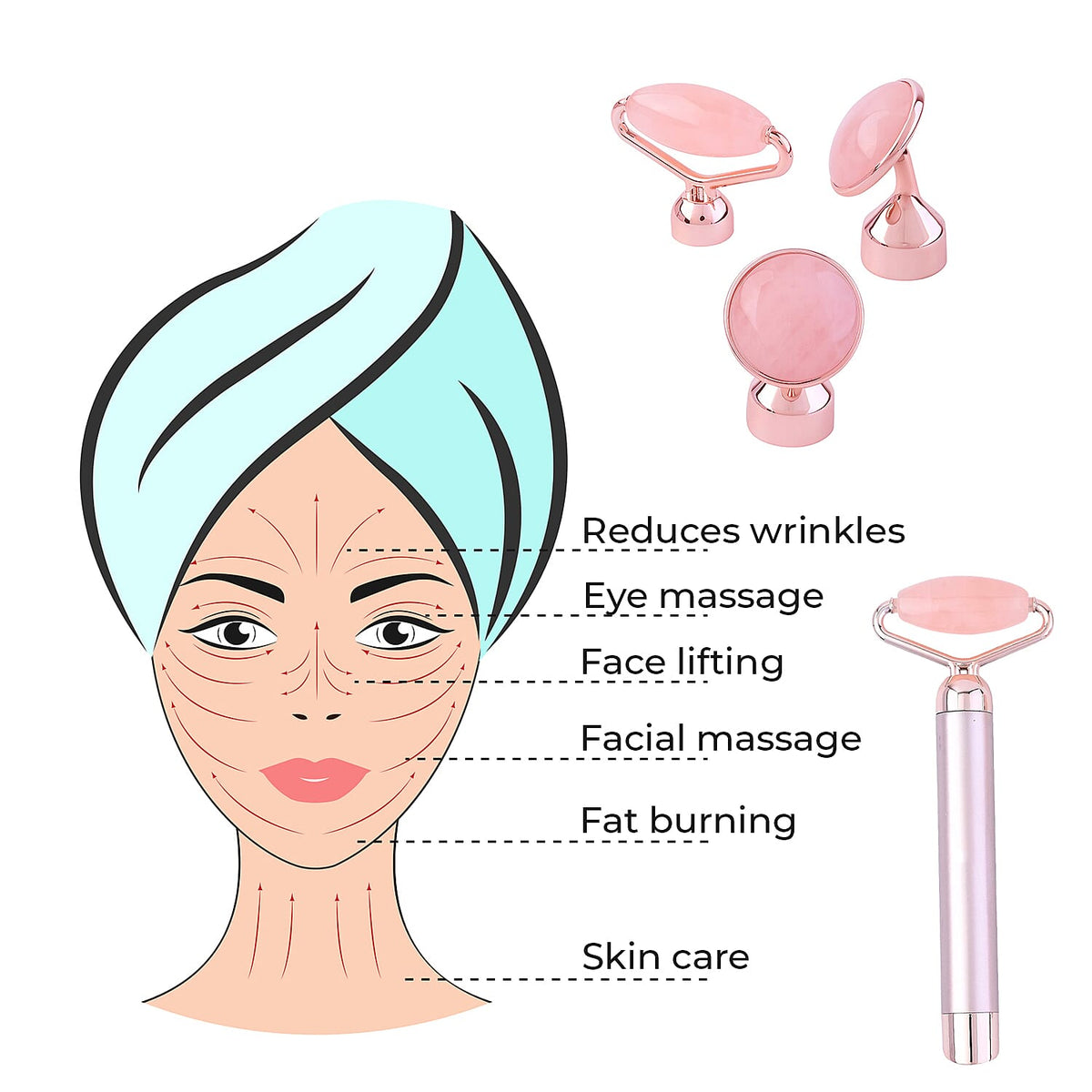 Beautech - 3-in-1 Electric Vibrating Rose Quartz Massage Roller Includes 3D face roller massager, facial roller massager and under eye press massager 7565412 3
