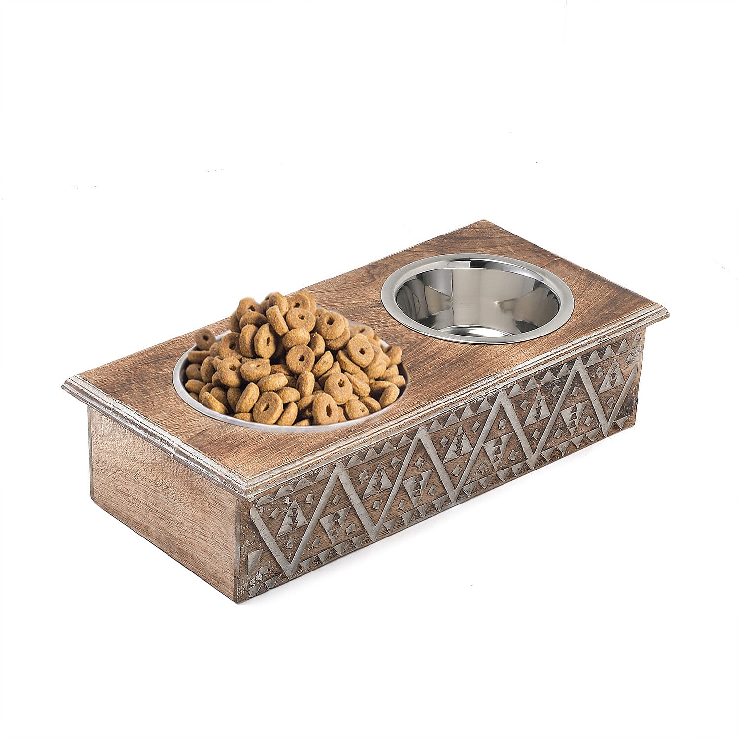 NAKKASHI Hand Carved Mango Wood Pet Feeder with Stainless Steel Bowls 7577265 0