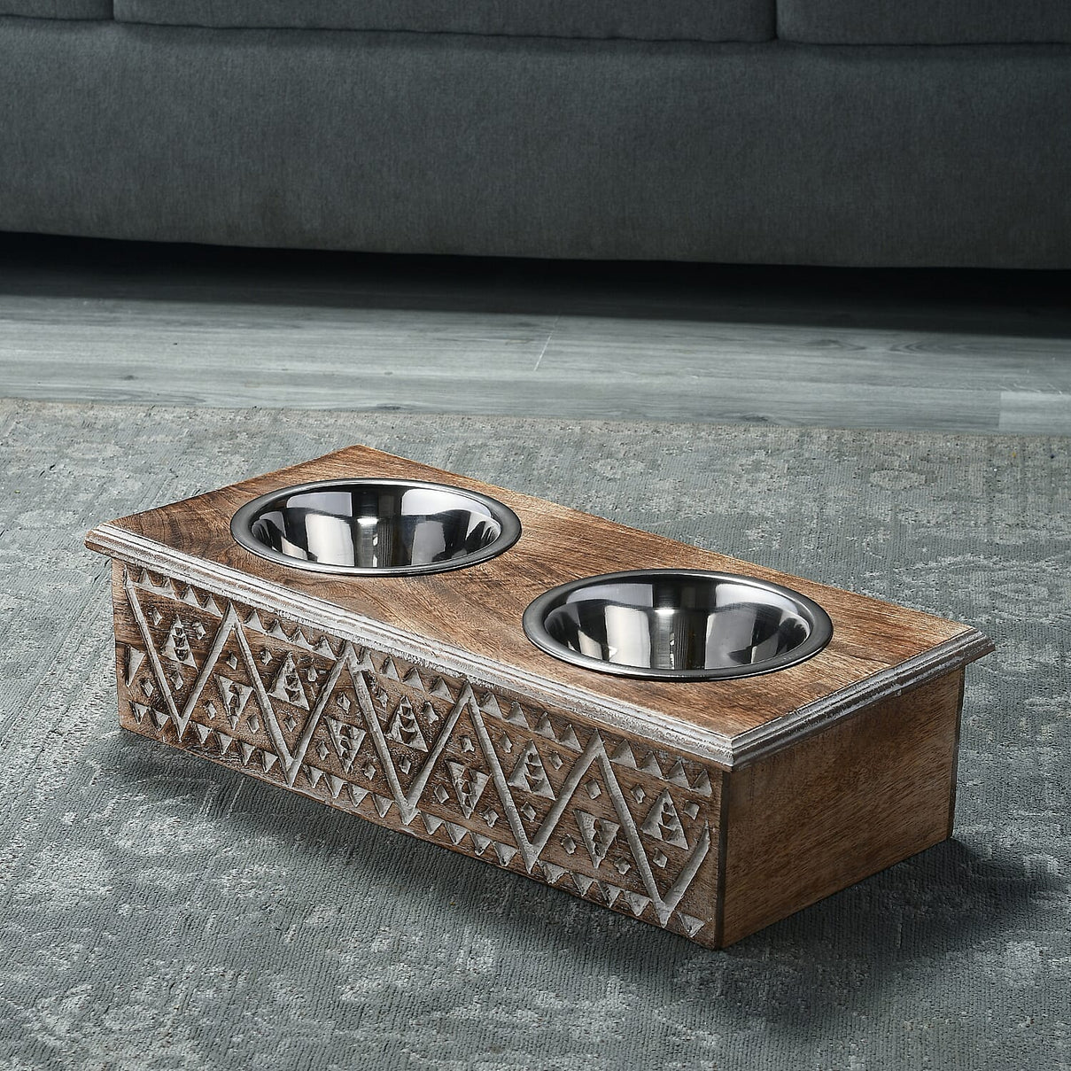NAKKASHI Hand Carved Mango Wood Pet Feeder with Stainless Steel Bowls 7577265 1