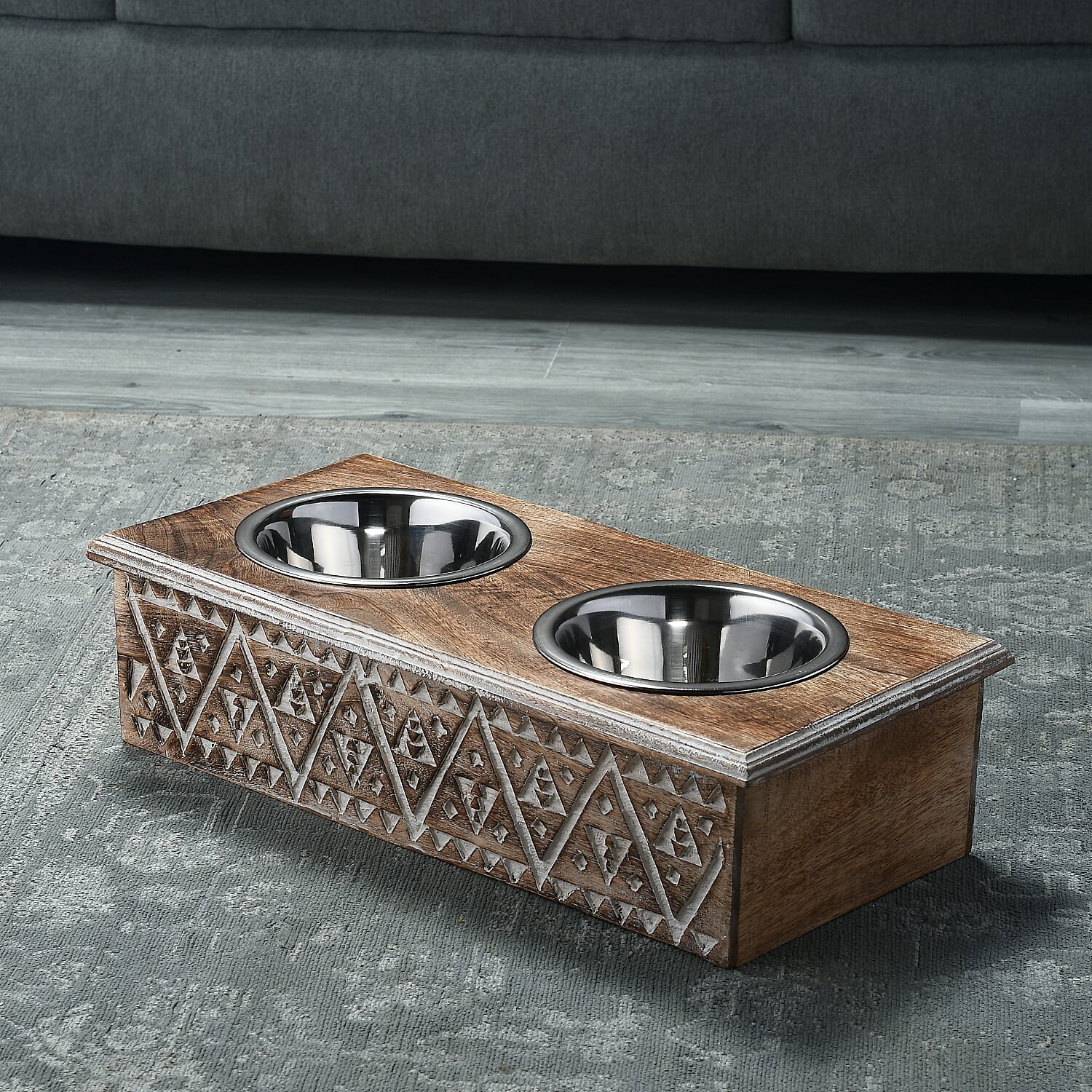 NAKKASHI Hand Carved Mango Wood Pet Feeder with Stainless Steel Bowls 7577265 1