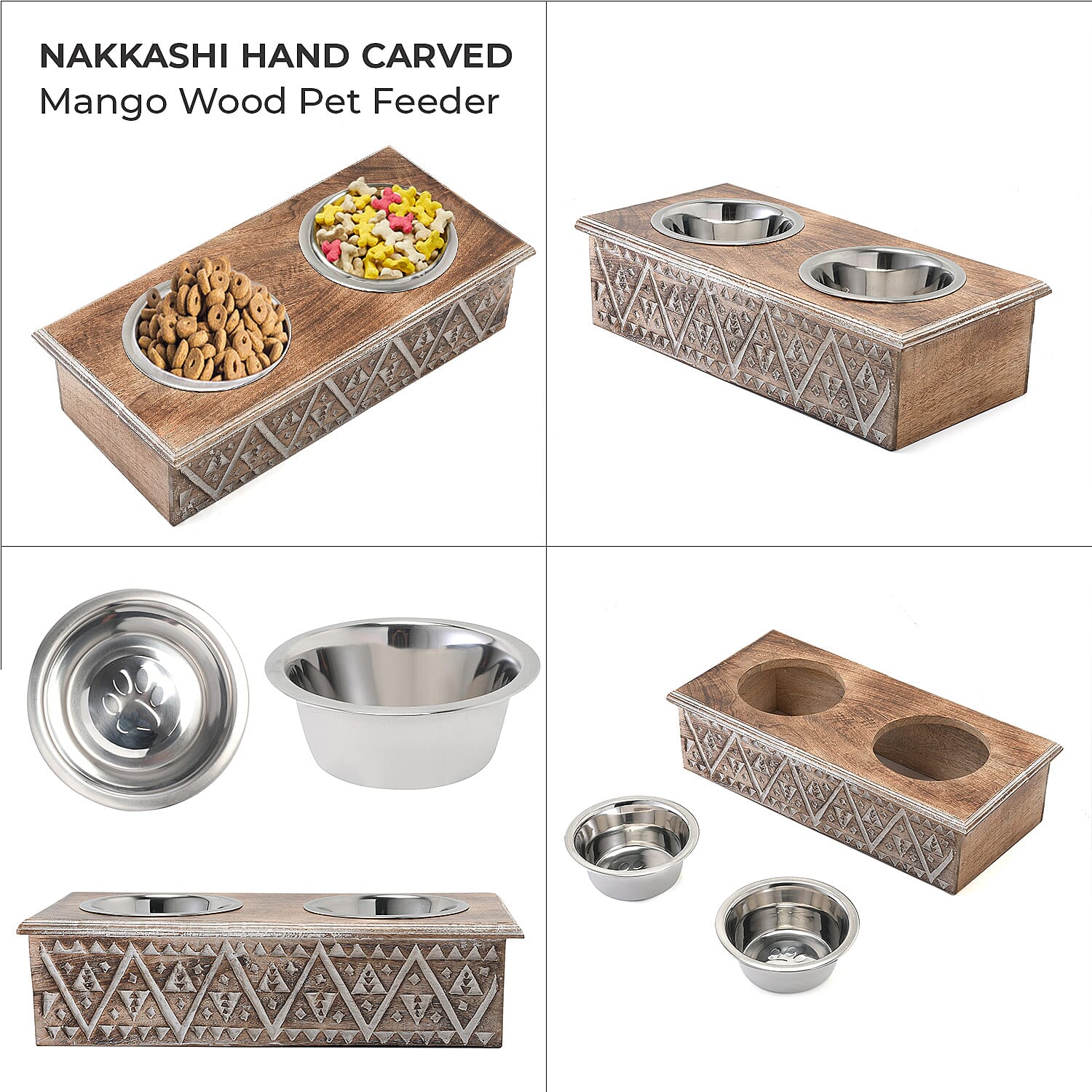 NAKKASHI Hand Carved Mango Wood Pet Feeder with Stainless Steel Bowls 7577265 2