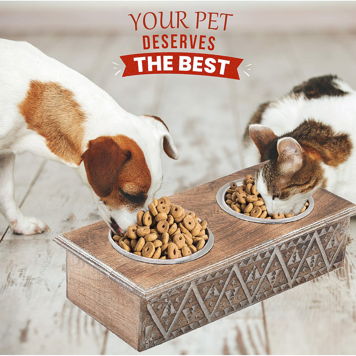NAKKASHI Hand Carved Mango Wood Pet Feeder with Stainless Steel Bowls 7577265 3