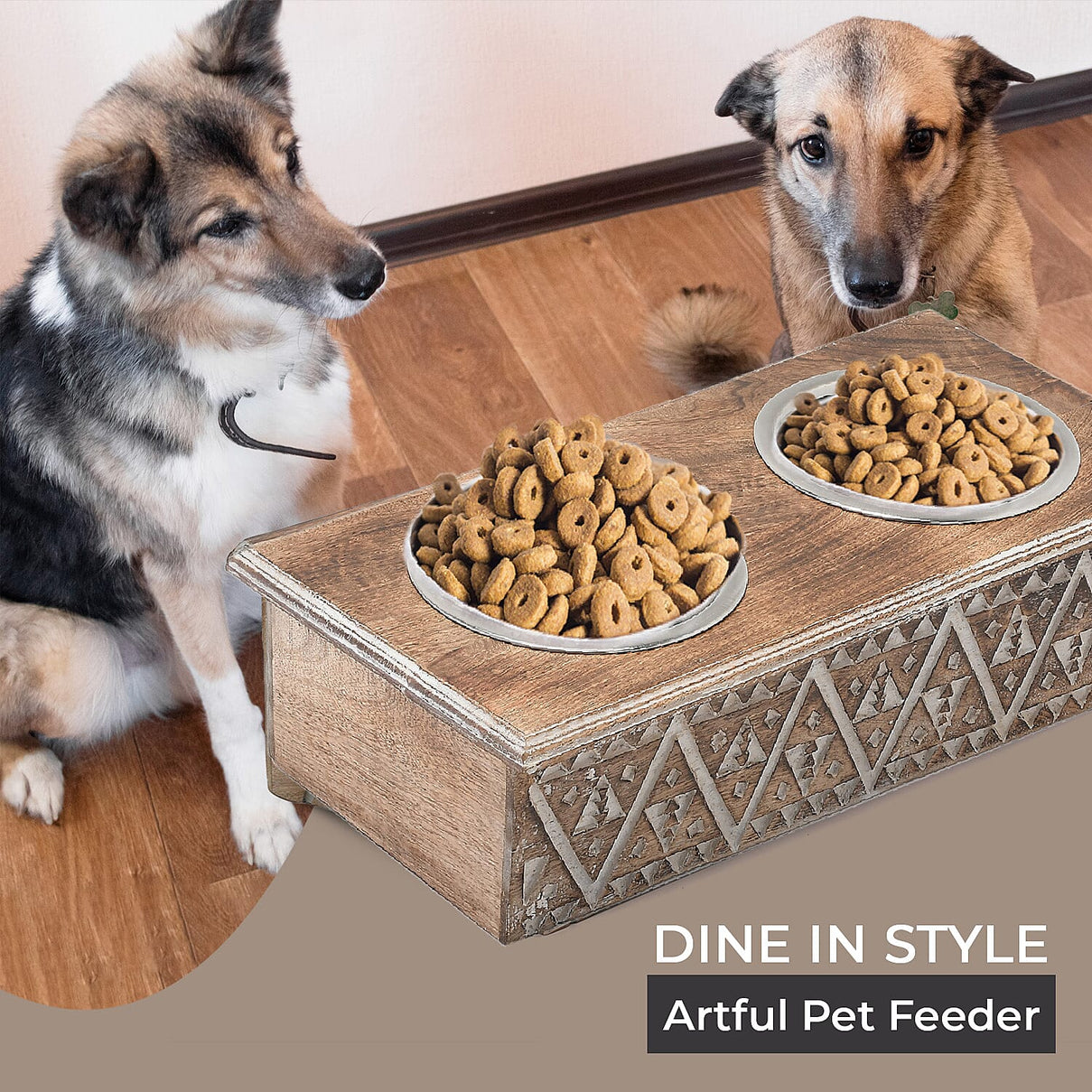 NAKKASHI Hand Carved Mango Wood Pet Feeder with Stainless Steel Bowls 7577265 5