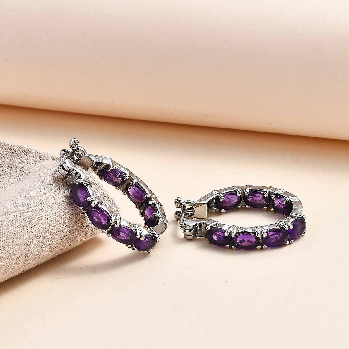 African Amethyst Inside-Out Hoop Earrings in Stainless Steel 6.23 Ct. 7577507 2