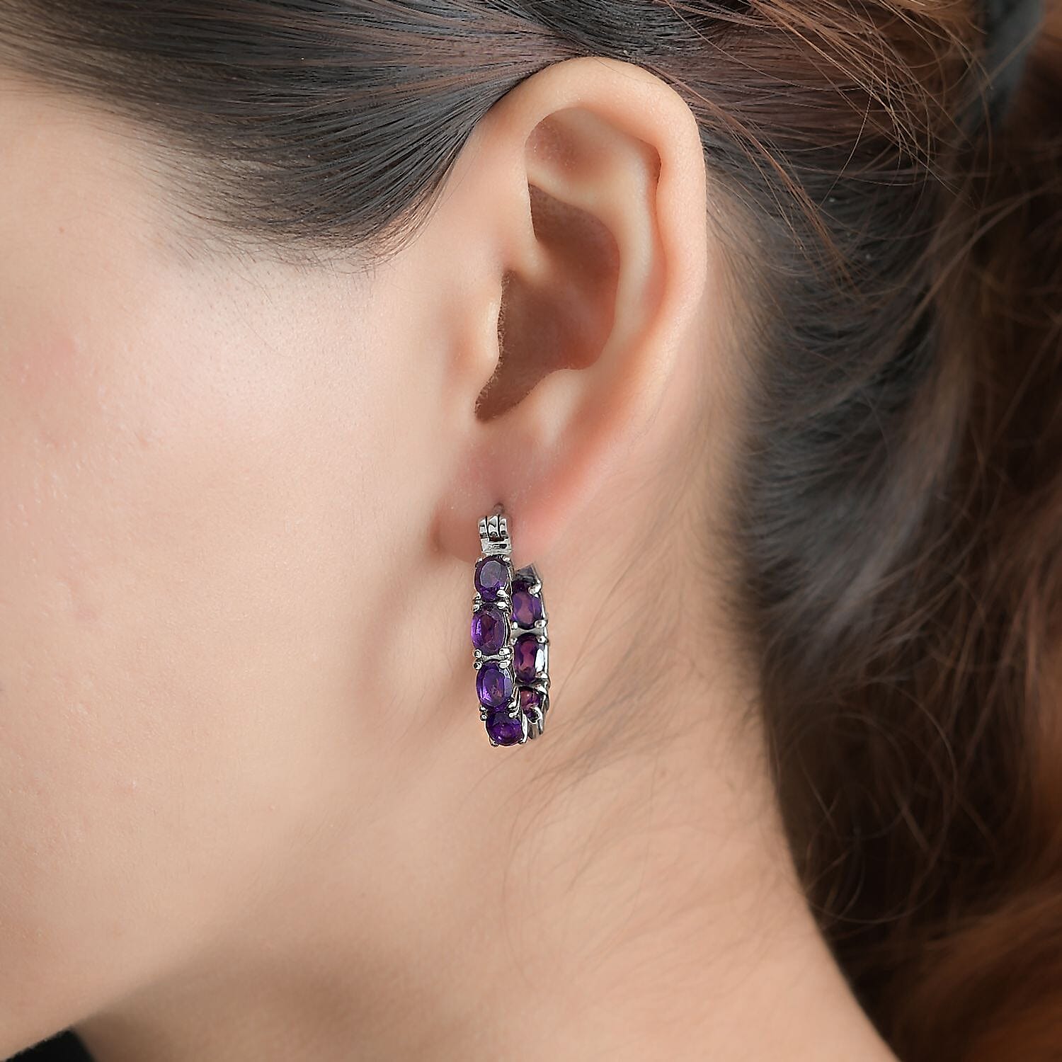 African Amethyst Inside-Out Hoop Earrings in Stainless Steel 6.23 Ct. 7577507 3