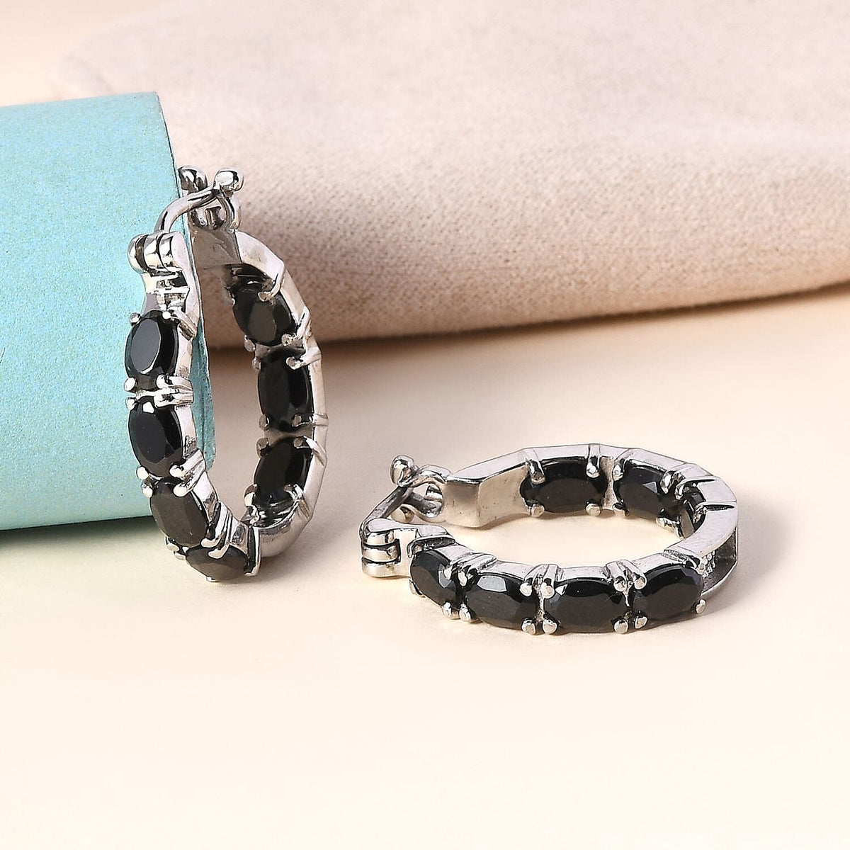 Black Spinel Inside-Out Hoop Earrings in Stainless Steel 8.95 Ct. V32638000 2