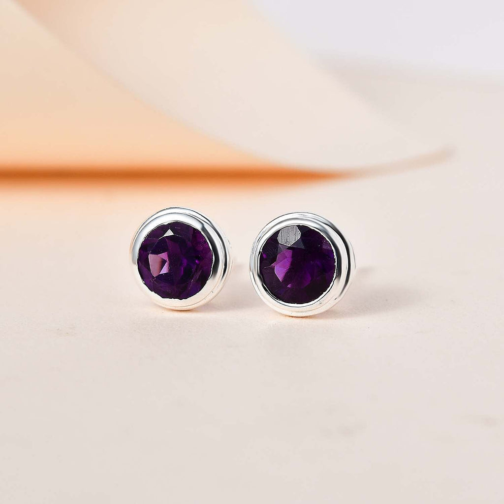 Amethyst Stud Solitaire Earrings with Push Back in Sterling Silver 1.49 Ct.