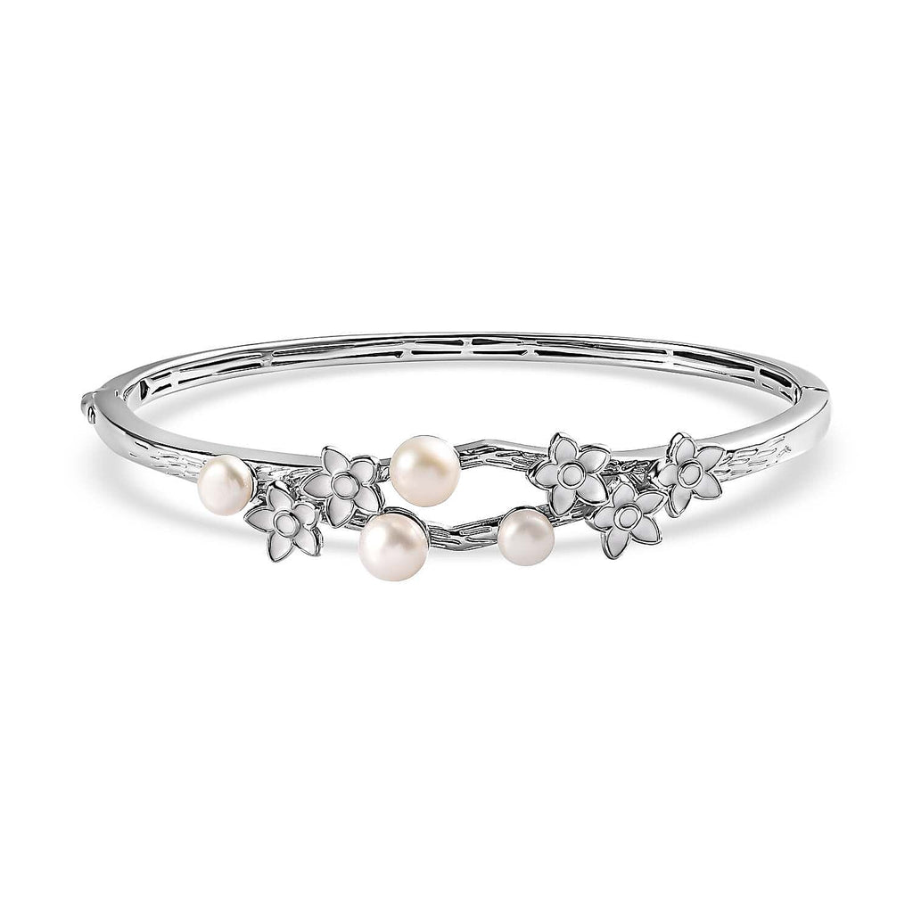 One Time CloseOut Deal- White Fresh Water Pearl Enamelled Bangle (Size 7.5)