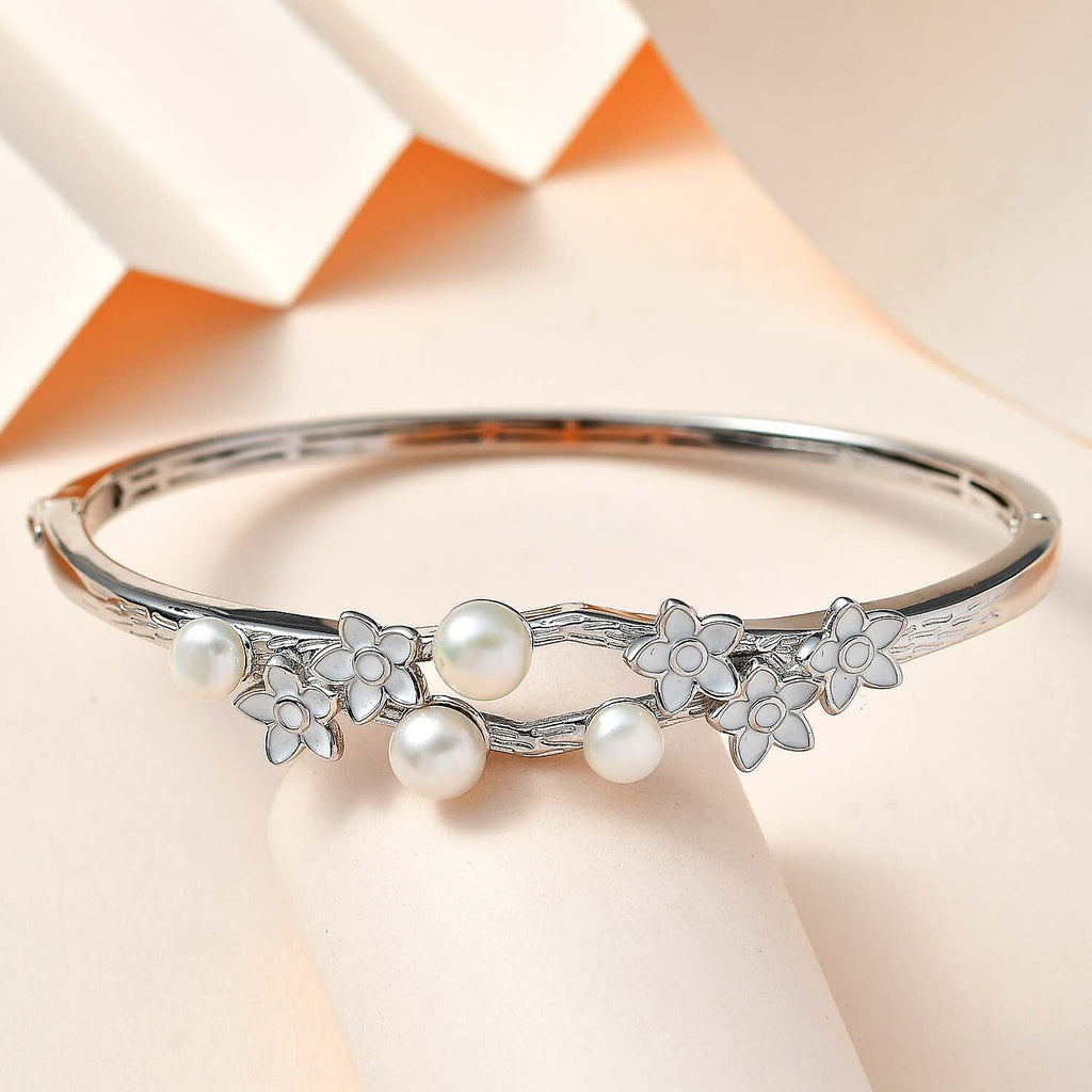 One Time CloseOut Deal- White Fresh Water Pearl Enamelled Bangle (Size 7.5)