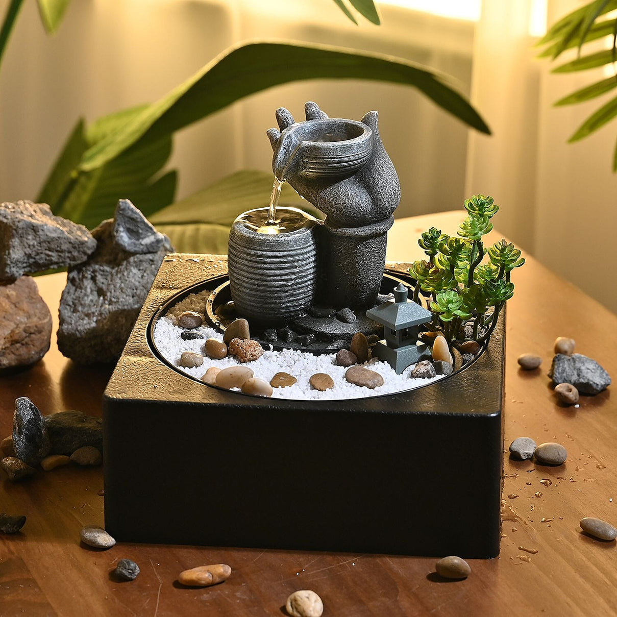 Buddha Water Fountain with LED Lights - Grey 7595064 1