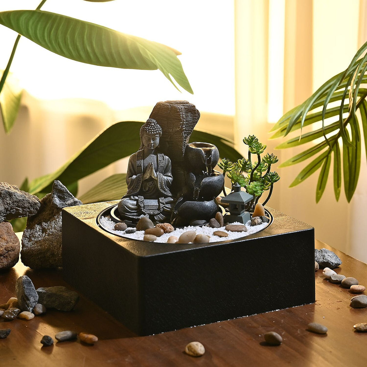 Praying Buddha Rock Garden Fountain with LED Lights - Praying 7595070 1