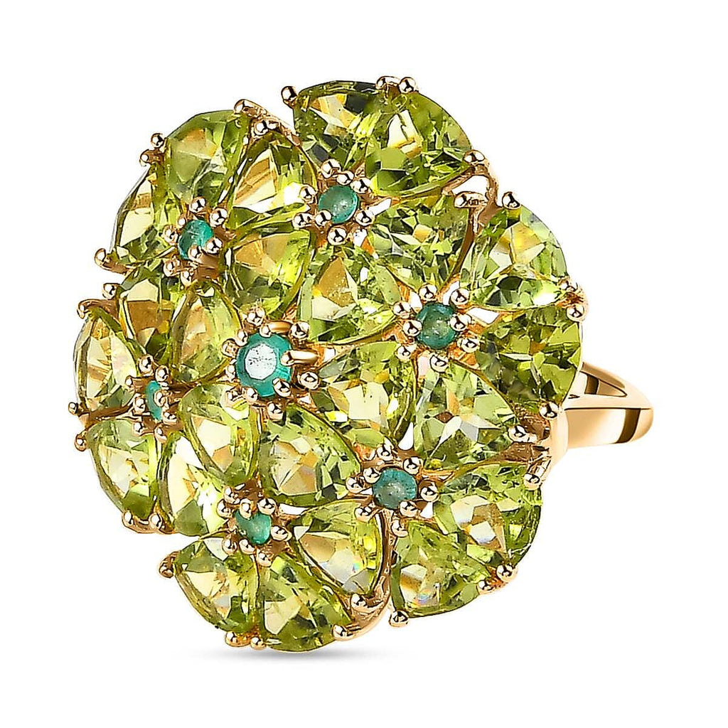 Hebei Peridot & Emerald Cluster Floral Ring in 18K Vermeil Yellow Gold Plated Sterling Silver 10.78 Ct.