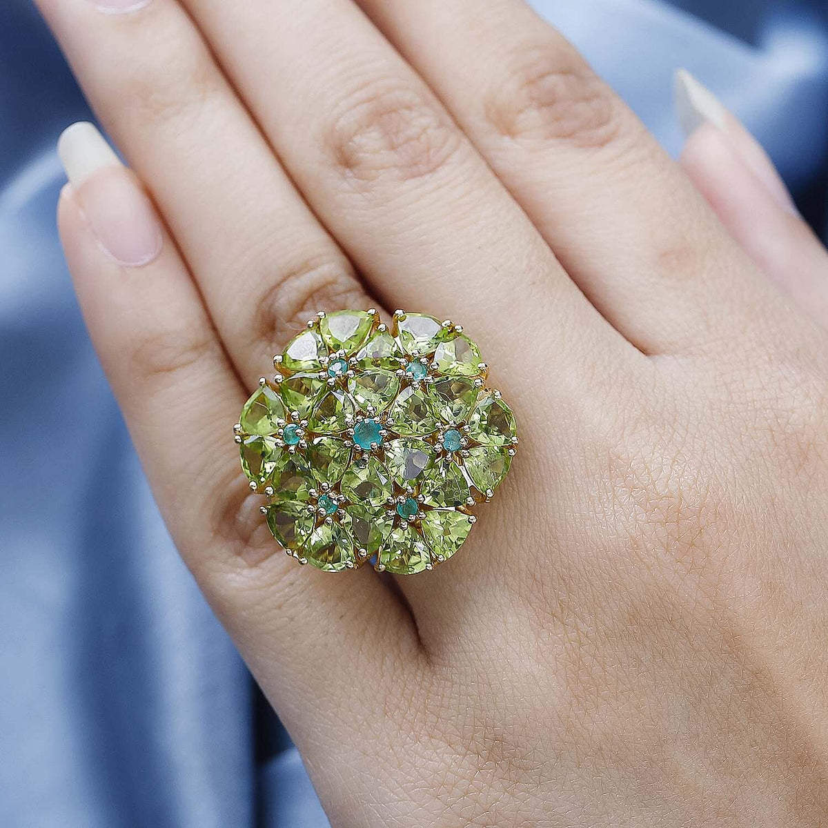 Hebei Peridot &amp; Emerald Cluster Floral Ring in 18K Vermeil Yellow Gold Plated Sterling Silver 10.78 Ct. 7595162 2