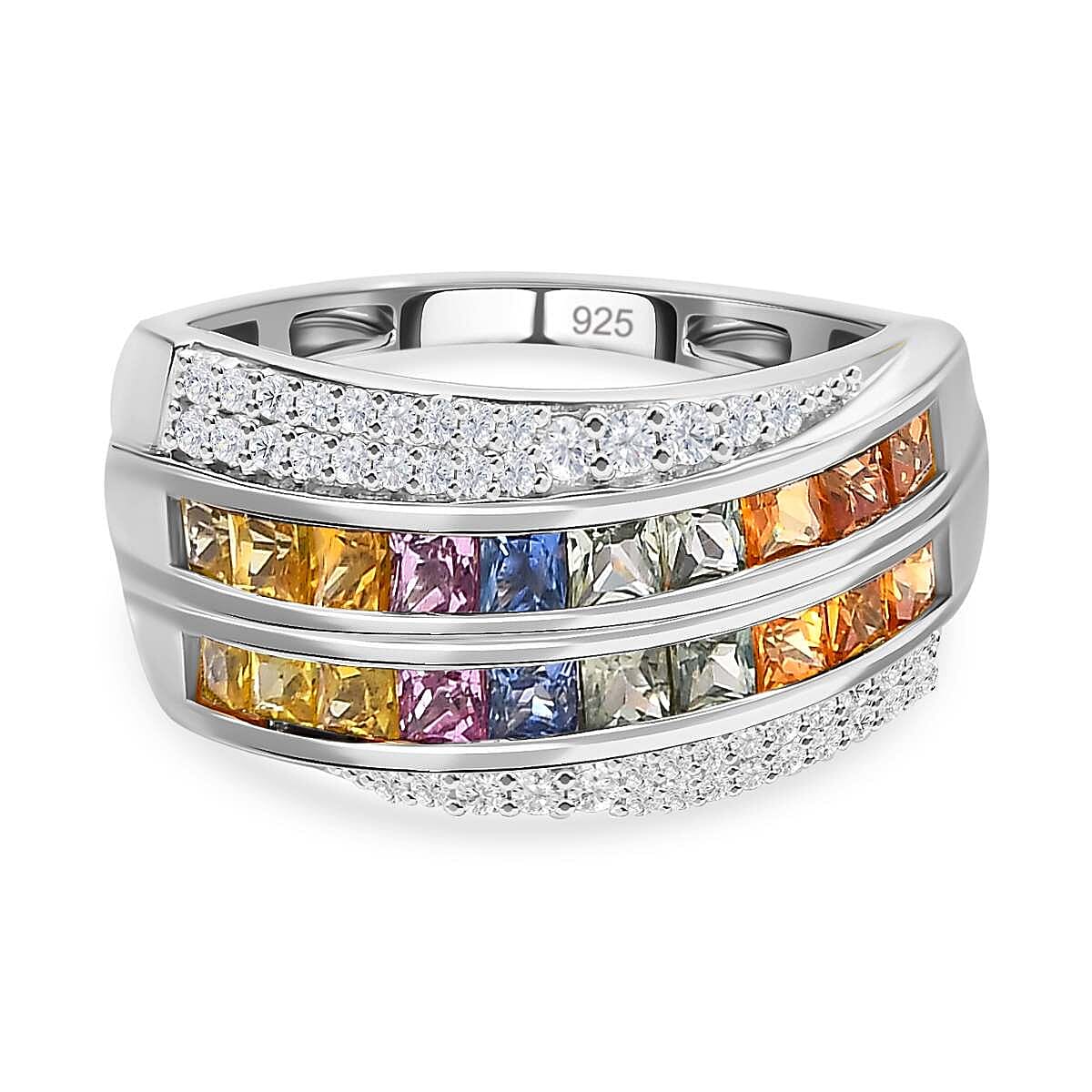 Rainbow Sapphire &amp; Natural Zircon Cluster Multi Row Ring in Platinum Overlay Sterling Silver 1.98 Ct 7606132 0