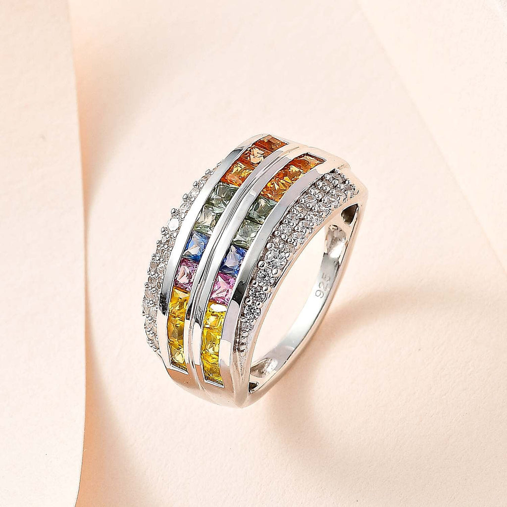 Rainbow Sapphire & Natural Zircon Cluster Multi Row Ring in Platinum Overlay Sterling Silver 1.98 Ct