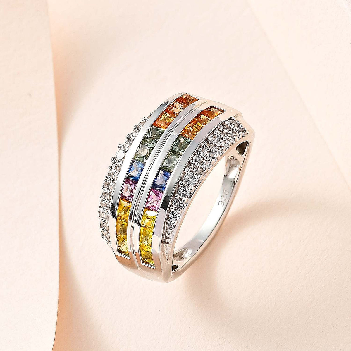 Rainbow Sapphire &amp; Natural Zircon Cluster Multi Row Ring in Platinum Overlay Sterling Silver 1.98 Ct 7606132 1