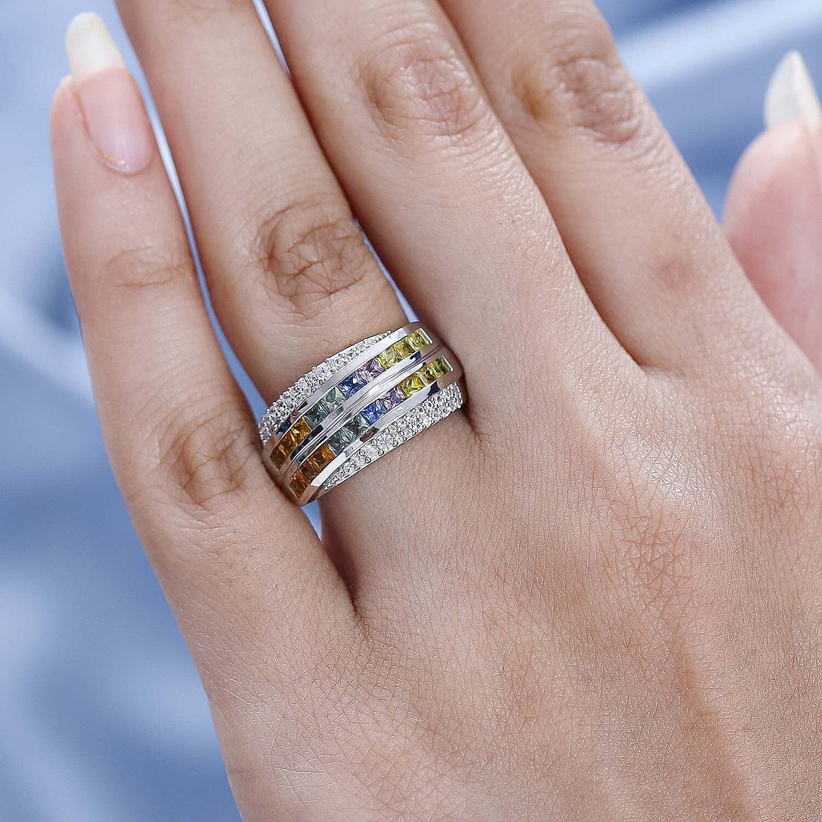 Rainbow Sapphire &amp; Natural Zircon Cluster Multi Row Ring in Platinum Overlay Sterling Silver 1.98 Ct 7606132 2