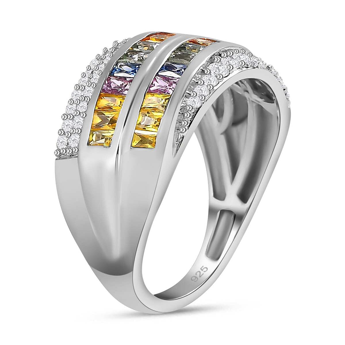 Rainbow Sapphire &amp; Natural Zircon Cluster Multi Row Ring in Platinum Overlay Sterling Silver 1.98 Ct 7606132 3